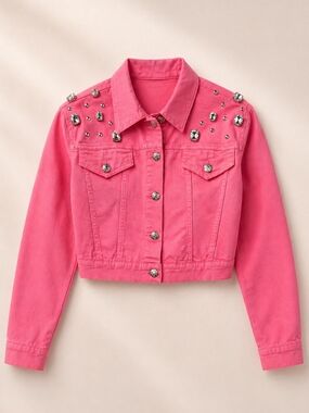 Kaos Embellished Pink Cropped Denim Jacket Cotton Cute Feminine  NWT